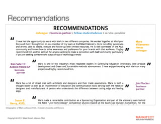 Recommendations

Infographic of Mark Johnson FAIA - Industry Awards and Honors

Copyright ©	
  2012 Mark Robert Johnson FAIA

MARKITECT 
Mark Johnson FAIA|AIBD|CKD

 