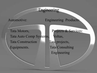 Automotive: Engineering Products:
Tata Motors, Projects & Services:
Tata Auto Comp Systems, Voltas,
Tata Construction Tata projects,
Equipments. Tata Consulting
Engineering
 