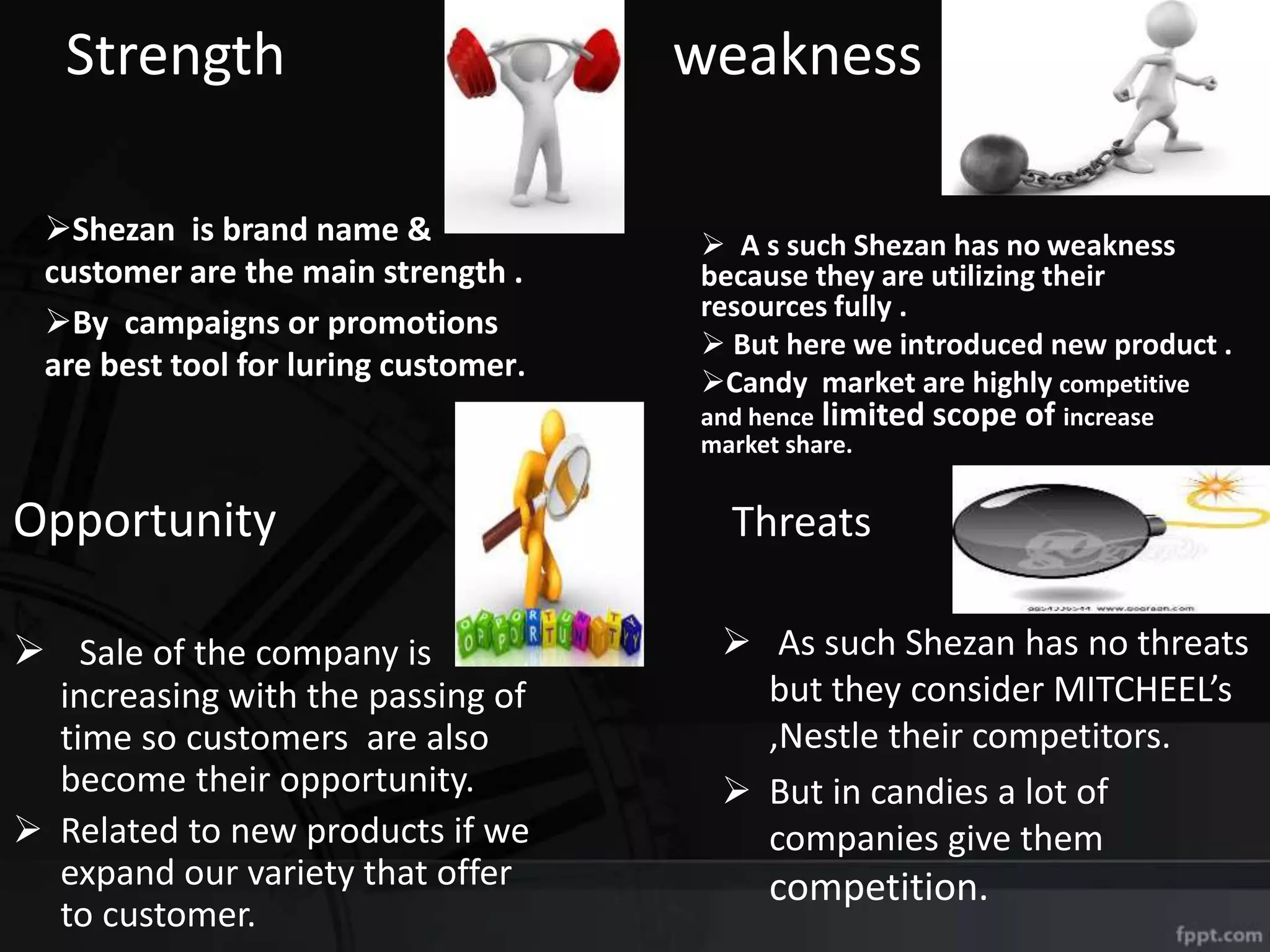 Strength weakness
Shezan is brand name &
customer are the main strength .
By campaigns or promotions
are best tool for luring customer.
Opportunity
 Sale of the company is
increasing with the passing of
time so customers are also
become their opportunity.
 Related to new products if we
expand our variety that offer
to customer.
 A s such Shezan has no weakness
because they are utilizing their
resources fully .
 But here we introduced new product .
Candy market are highly competitive
and hence limited scope of increase
market share.
Threats
 As such Shezan has no threats
but they consider MITCHEEL’s
,Nestle their competitors.
 But in candies a lot of
companies give them
competition.
 