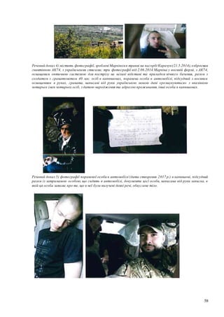 58
Речовий доказ 4) містить фотографії,зроблені Марківомв травні на пагорбі Карачун(21.5.2014),озброєним
гвинтівкою АК74, з українськими стягами; три фотографії від 2.06.2014 Марківа у воєнній формі, з АК74,
оснащеним оптичною системою для пострілу на великі відстані та приладом нічного бачення, разом з
солдатом з гранатометом 40 мм; осіб в капюшонах, поранена особа в автомобілі, підсудний з воєнним
оснащенням в руках, граната, написані від руки українською мовою дані «розшукуються» з вказівкою
чотирьох імен чотирьох осіб, з датою народження та адресою проживання, інші особи в капюшонах.
Речовий доказ 5) фотографії пораненої особи в автомобілі (дата створення 2017 р.) в капюшоні, підсудний
разом із затриманою особою, що сидять в автомобілі, документи цієї особи, написана від руки записка, в
якій ця особа заявляє про те, що в неї були вилучені деякі речі, обвуглене тіло.
 