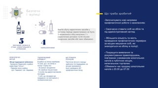 Фактів збуту наркотичних засобів у
звітному періоді зареєстровано не було.
З незаконного обігу вилучено 7 г.
наркотичних речовин та 84 пігулки
лікарських засобів обіг яких обмежено.
Безпечн
і вулиці
,ЗЛОЧИНИ СКОЄНІ В
СТАНІ АЛКОГОЛЬНОГО
’СП ЯНІННЯ
4НАРКОЗЛОЧИНИ
Місця підвищеної небезпеки:
-Провулок Південний, в районі
кафе-бару “Ольга”;
- Паркова зона в районі
вул. Паркової, смт. Марківка
НЕБЕЗПЕЧНІ
МІСЦЯ
В районі на обліку перебуває
73 осіб, що є на обліку в
поліції. Серед них:
- 18 раніше засуджених
- 55 сімейних бешкетників
- 6 особи під адміністративним
наглядом
-7 осіб, що засуджені до
покарання, не пов’язаного з
позбавленням волі
ПІДОБЛІКОВИЙ
ЕЛЕМЕНТ
Протягом звітного періоду :
здійснено 414 відвідувань за
місцем проживання
Було проведено 487
профілактичних бесід
ЩО РОБИЛА
?ПОЛІЦІЯ
?Що треба зробити
-Започаткувати нові напрямки
профілактичної роботи з населенням;
- Своєчасно ставити осіб на облік та
під адміністративний нагляд
- Збільшити кількість та якість
проведення профілактичних перевірок
за місцем мешкання осіб, які
знаходяться на обліку в поліції;
- Покращити виявлення та
документування правопорушень,
пов’язаних з вживанням алкогольних
напоїв в публічних місцях,
нелегальною торгівлею
-Обмежити час продажу алкогольних
напоїв з 20.00 до 07.00
5
 