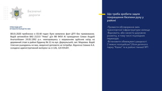 Що треба зробити задля
покращання безпеки руху у
районі
-Провести обговорення змін
транспортної інфраструктури селища
-Відновити, або нанести дорожню
розмітку, в тому числі пішохідних
переходів
-Встановити обмежувачі швидкості
(“лежачі поліцейські”) біля дитячого
парку “Казка” та в районі гімназії №1
Безпечні
дороги
08.01.2020 приблизно о 03.40 годин було виявлено факт ДТП без травмованих.
Водій автомобіля ВАЗ 21213 "Нива" д/н ВВ 9454 АІ громадянин Семак Андрій
Анатолійович 24.05.1992 р.н. невпоравшись з керуванням здійснив наїзд на
деревяний стовп в районі будинку № 21 по вул. Деркульській, смт. Марківка. Водій
тілесних ушкоджень не має, медичної допомоги не потребує. Відносно Семака А.А.
складено адміністративний матеріал за ст.126, 124 КУпАП.
ПРИКЛАДИ ДТП
Й РОБОТИ ПОЛІЦІЇ ПО НИХ
 