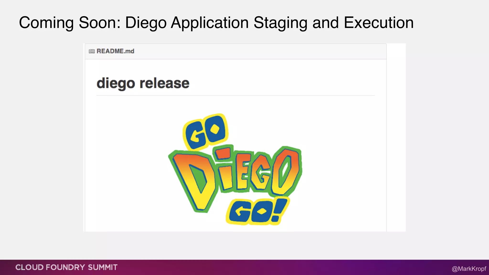 Coming Soon: Diego Application Staging and Execution
14 @MarkKropf
