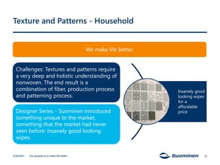 Our purpose is to make life better.
Texture and Patterns - Household
5/10/2017
Challenges: Textures and patterns require
a very deep and holistic understanding of
nonwoven. The end result is a
combination of fiber, production process
and patterning process.
Designer Series - Suominen introduced
something unique to the market,
something that the market had never
seen before: insanely good looking
wipes.
Insanely good
looking wipes
for a
affordable
price
We make life better.
13
 