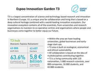 Espoo Innovation Garden T3
T3 is a largest concentration of science and technology based research and innovation
in Northern Europe. It’s a unique area for collaboration and living that is based on a
deep cultural heritage combined with a world-leading innovation ecosystem. Our
innovation ecosystem contains all of the essentials, from universities and research
organisations to investors to co-operative centres and organisations where people and
businesses come together to better equip our future.
• Within the area we have leading
universities, global businesses and earlystage start-ups.
• T3 area is built on ecological, economical
and ethical sustainability.
• All collaboration is based on the idea of
multidisciplines contributing together.
• T3 is a living community with 110
nationalities, 5 000 research scientists, over
800 companies, 16 000 students, and
43 000 residents.

 