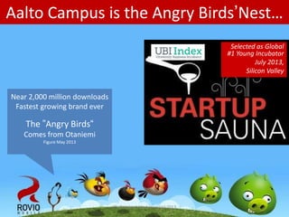 Aalto Campus is the Angry Birds’Nest…
Selected as Global
#1 Young Incubator
July 2013,
Silicon Valley

Near 2,000 million downloads
Fastest growing brand ever

The ”Angry Birds“
Comes from Otaniemi
Figure May 2013

(C) Otaniemi Marketing Ltd 2013

 