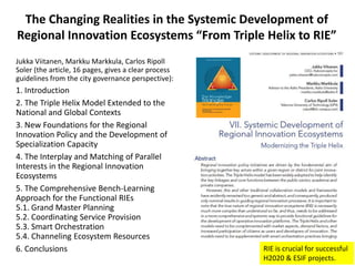 The Changing Realities in the Systemic Development of
Regional Innovation Ecosystems “From Triple Helix to RIE”
Jukka Viitanen, Markku Markkula, Carlos Ripoll
Soler (the article, 16 pages, gives a clear process
guidelines from the city governance perspective):

1. Introduction
2. The Triple Helix Model Extended to the
National and Global Contexts
3. New Foundations for the Regional
Innovation Policy and the Development of
Specialization Capacity
4. The Interplay and Matching of Parallel
Interests in the Regional Innovation
Ecosystems
5. The Comprehensive Bench-Learning
Approach for the Functional RIEs
5.1. Grand Master Planning
5.2. Coordinating Service Provision
5.3. Smart Orchestration
5.4. Channeling Ecosystem Resources
6. Conclusions

RIE is crucial for successful
H2020 & ESIF projects.

 