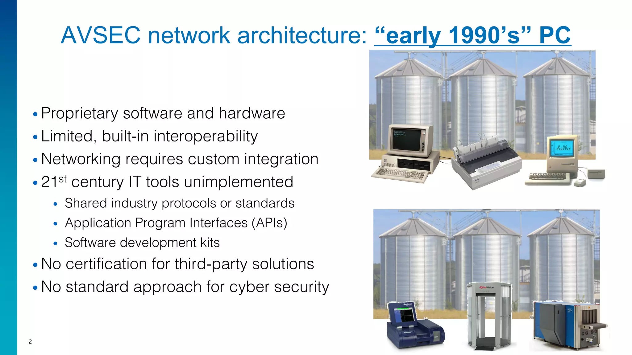 AVSEC network architecture: “early 1990’s” PC
• Proprietary software and hardware
• Limited, built-in interoperability
• Networking requires custom integration
• 21st century IT tools unimplemented
• Shared industry protocols or standards
• Application Program Interfaces (APIs)
• Software development kits
• No certification for third-party solutions
• No standard approach for cyber security
2
 