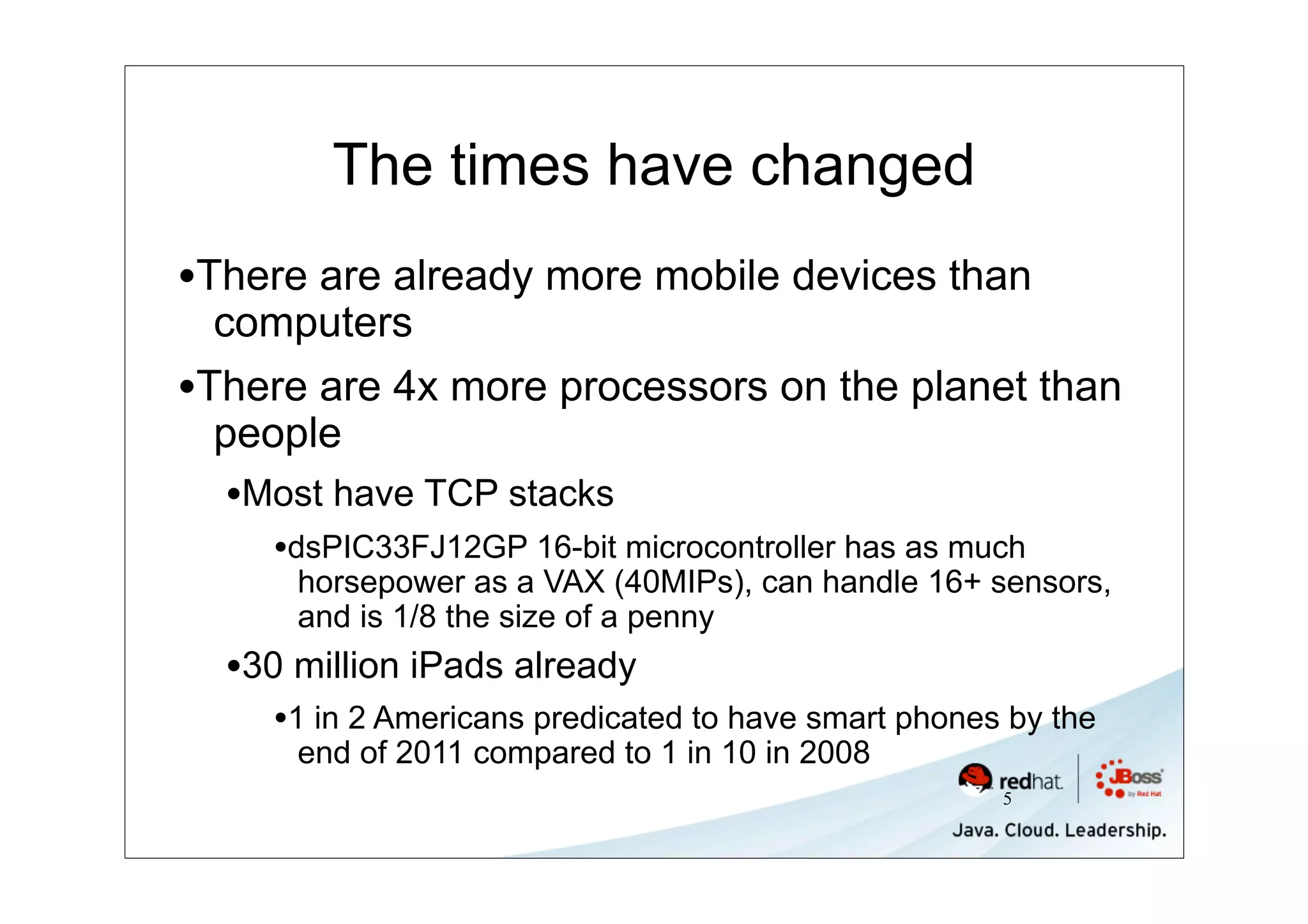 The times have changed
•There are already more mobile devices than
  computers
•There are 4x more processors on the planet than
  people
  •Most have TCP stacks
    •dsPIC33FJ12GP 16-bit microcontroller has as much
      horsepower as a VAX (40MIPs), can handle 16+ sensors,
      and is 1/8 the size of a penny
  •30 million iPads already
    •1 in 2 Americans predicated to have smart phones by the
      end of 2011 compared to 1 in 10 in 2008
                                                     5
 