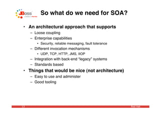 So what do we need for SOA?

 • An architectural approach that supports
     – Loose coupling
     – Enterprise capabilities
         • Security, reliable messaging, fault tolerance
     – Different invocation mechanisms
         • UDP, TCP, HTTP, JMS, IIOP
     – Integration with back-end “legacy” systems
     – Standards based
 • Things that would be nice (not architecture)
     – Easy to use and administer
     – Good tooling




13                                                         Red Hat
 