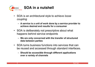 SOA in a nutshell

• SOA is an architectural style to achieve loose
  coupling
      – A service is a unit of work done by a service provider to
        achieve desired end results for a consumer

• SOA is deliberately not prescriptive about what
  happens behind service endpoints
      – We are only concerned with the transfer of structured
        data between parties
• SOA turns business functions into services that can
  be reused and accessed through standard interfaces.
      – Should be accessible through different applications
        over a variety of channels


  5                                                       Red Hat
 