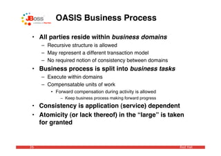 OASIS Business Process

 • All parties reside within business domains
     – Recursive structure is allowed
     – May represent a different transaction model
     – No required notion of consistency between domains
 • Business process is split into business tasks
     – Execute within domains
     – Compensatable units of work
        • Forward compensation during activity is allowed
            – Keep business process making forward progress
 • Consistency is application (service) dependent
 • Atomicity (or lack thereof) in the “large” is taken
   for granted


26                                                            Red Hat
 