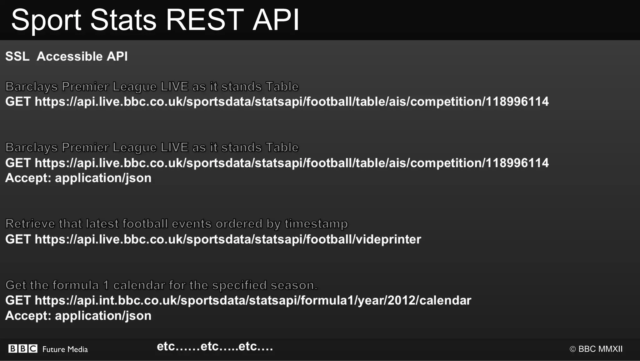 Sport Stats REST API




  Future Media         © BBC MMXII
 
