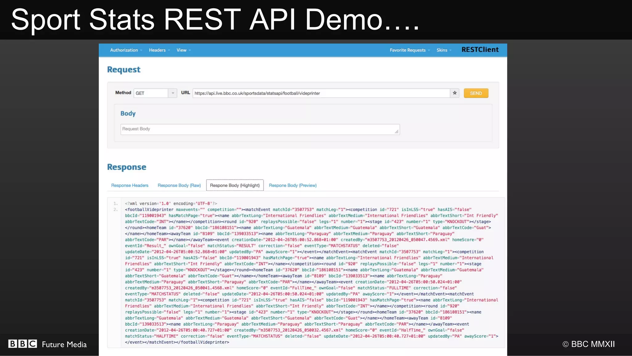 Sport Stats REST API Demo….




  Future Media                © BBC MMXII
 