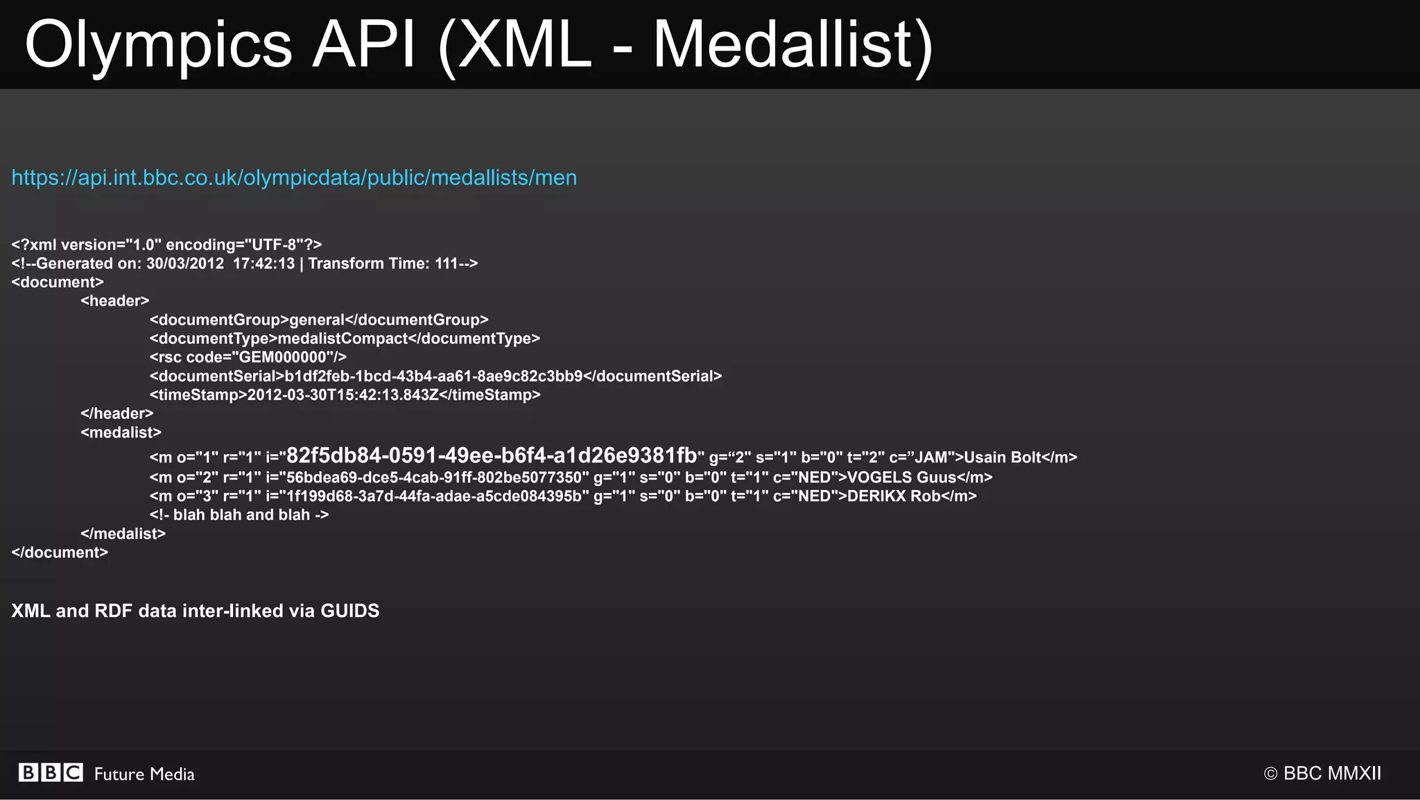 Olympics API (XML - Medallist)
https://api.int.bbc.co.uk/olympicdata/public/medallists/men

<?xml version="1.0" encoding="UTF-8"?>
<!--Generated on: 30/03/2012 17:42:13 | Transform Time: 111-->
<document>
         <header>
                  <documentGroup>general</documentGroup>
                  <documentType>medalistCompact</documentType>
                  <rsc code="GEM000000"/>
                  <documentSerial>b1df2feb-1bcd-43b4-aa61-8ae9c82c3bb9</documentSerial>
                  <timeStamp>2012-03-30T15:42:13.843Z</timeStamp>
         </header>
         <medalist>
                 <m o="1" r="1" i="82f5db84-0591-49ee-b6f4-a1d26e9381fb" g=“2" s="1" b="0" t="2" c=”JAM">Usain Bolt</m>
                 <m o="2" r="1" i="56bdea69-dce5-4cab-91ff-802be5077350" g="1" s="0" b="0" t="1" c="NED">VOGELS Guus</m>
                 <m o="3" r="1" i="1f199d68-3a7d-44fa-adae-a5cde084395b" g="1" s="0" b="0" t="1" c="NED">DERIKX Rob</m>
                 <!- blah blah and blah ->
        </medalist>
</document>


XML and RDF data inter-linked via GUIDS




          Future Media                                                                                                     © BBC MMXII
 