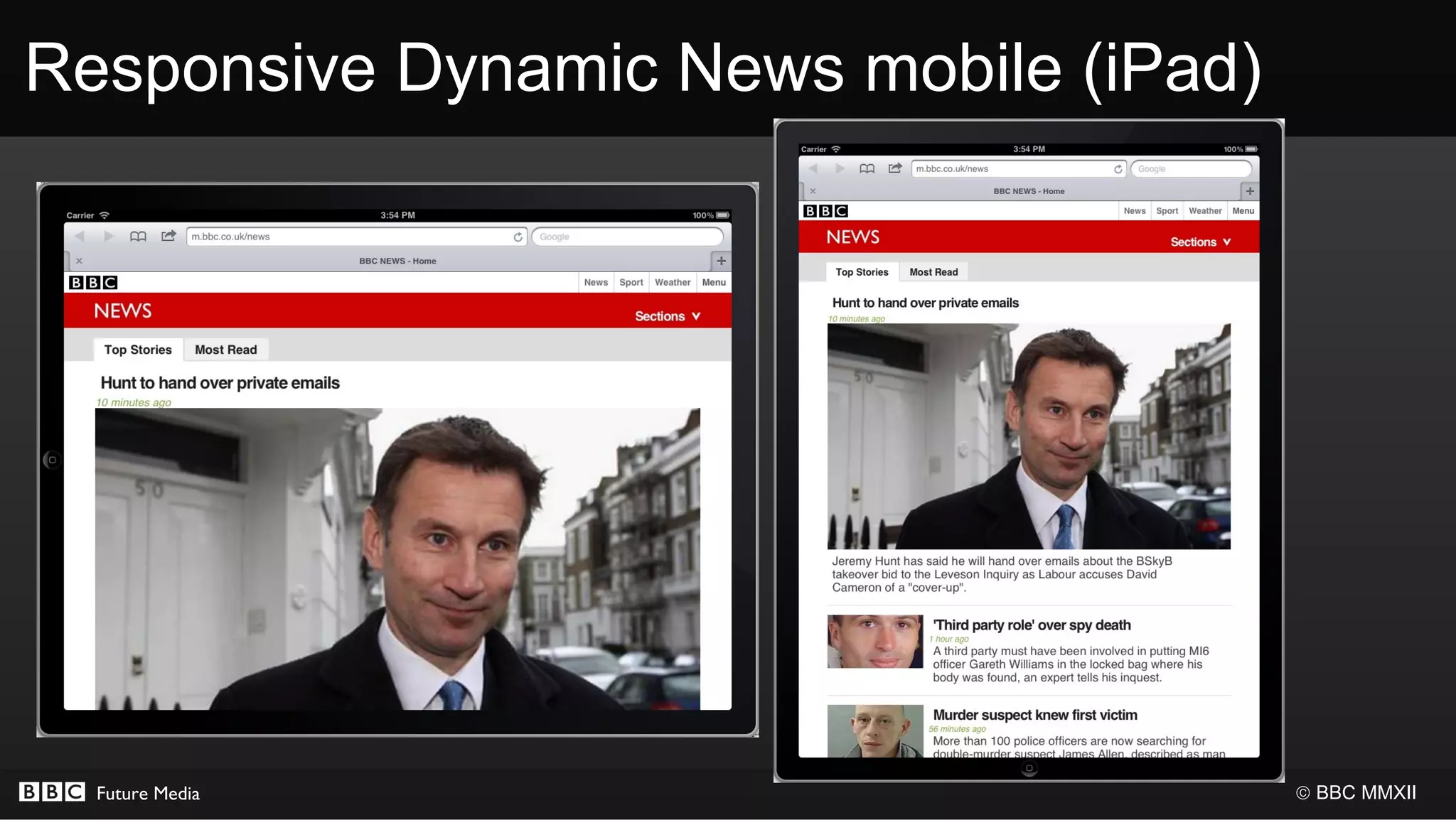 Responsive Dynamic News mobile (iPad)




  Future Media                          © BBC MMXII
 
