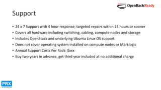 Support
• 24 x 7 Support with 4 hour response; targeted repairs within 24 hours or sooner
• Covers all hardware including switching, cabling, compute nodes and storage
• Includes OpenStack and underlying Ubuntu Linux OS support
• Does not cover operating system installed on compute nodes or Marklogic
• Annual Support Costs Per Rack: $xxx
• Buy two years in advance, get third year included at no additional charge
 