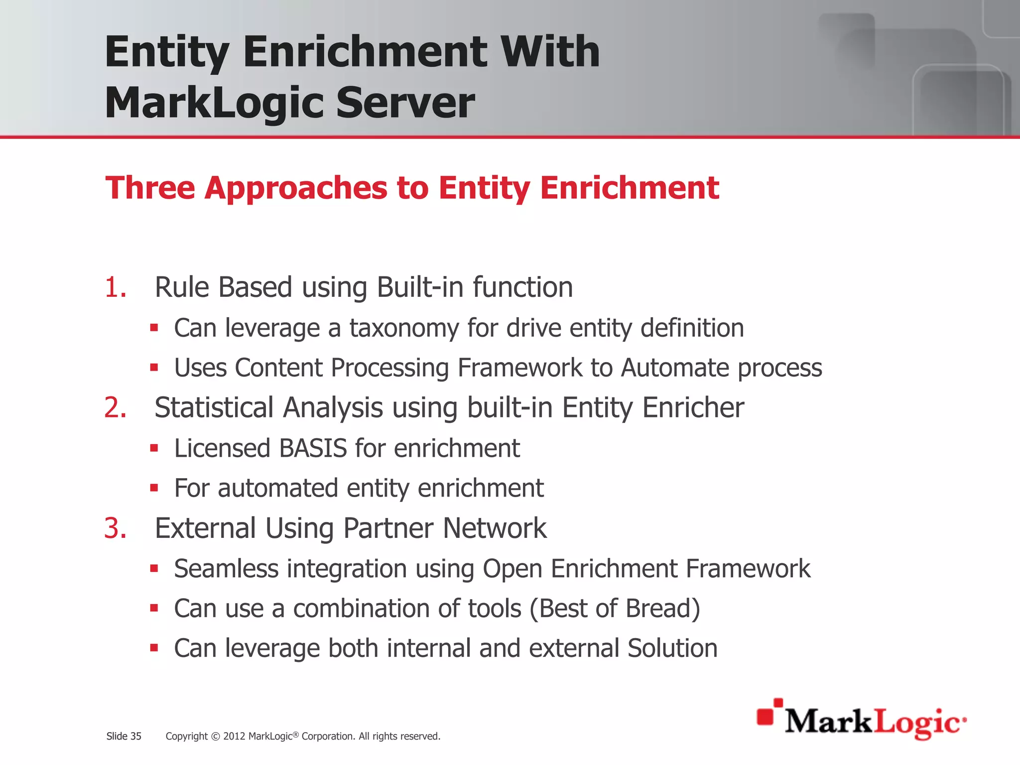 Slide 35 Copyright © 2012 MarkLogic® Corporation. All rights reserved.Slide 35
Entity Enrichment With
MarkLogic Server
1. Rule Based using Built-in function
§ Can leverage a taxonomy for drive entity definition
§ Uses Content Processing Framework to Automate process
2. Statistical Analysis using built-in Entity Enricher
§ Licensed BASIS for enrichment
§ For automated entity enrichment
3. External Using Partner Network
§ Seamless integration using Open Enrichment Framework
§ Can use a combination of tools (Best of Bread)
§ Can leverage both internal and external Solution
Three Approaches to Entity Enrichment
 
