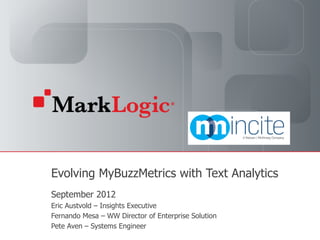 Slide 1 Copyright © 2012 MarkLogic® Corporation. All rights reserved.Slide 1
Evolving MyBuzzMetrics with Text Analytics
September 2012
Eric Austvold – Insights Executive
Fernando Mesa – WW Director of Enterprise Solution
Pete Aven – Systems Engineer
 