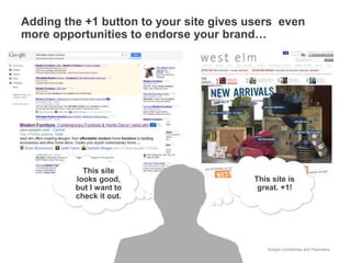 Adding the +1 button to your site gives users even
more opportunities to endorse your brand…




           This site
         looks good,                     This site is
         but I want to                    great. +1!
         check it out.




                                            Google Confidential and Proprietary
 