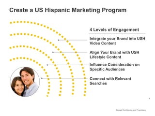 Create a US Hispanic Marketing Program


                          4 Levels of Engagement

                          Integrate your Brand into USH
                          Video Content

                          Align Your Brand with USH
                          Lifestyle Content
                          Influence Consideration on
                          Specific Audiences

                          Connect with Relevant
                          Searches


                                                                             9




                                       Google Confidential and Proprietary
 