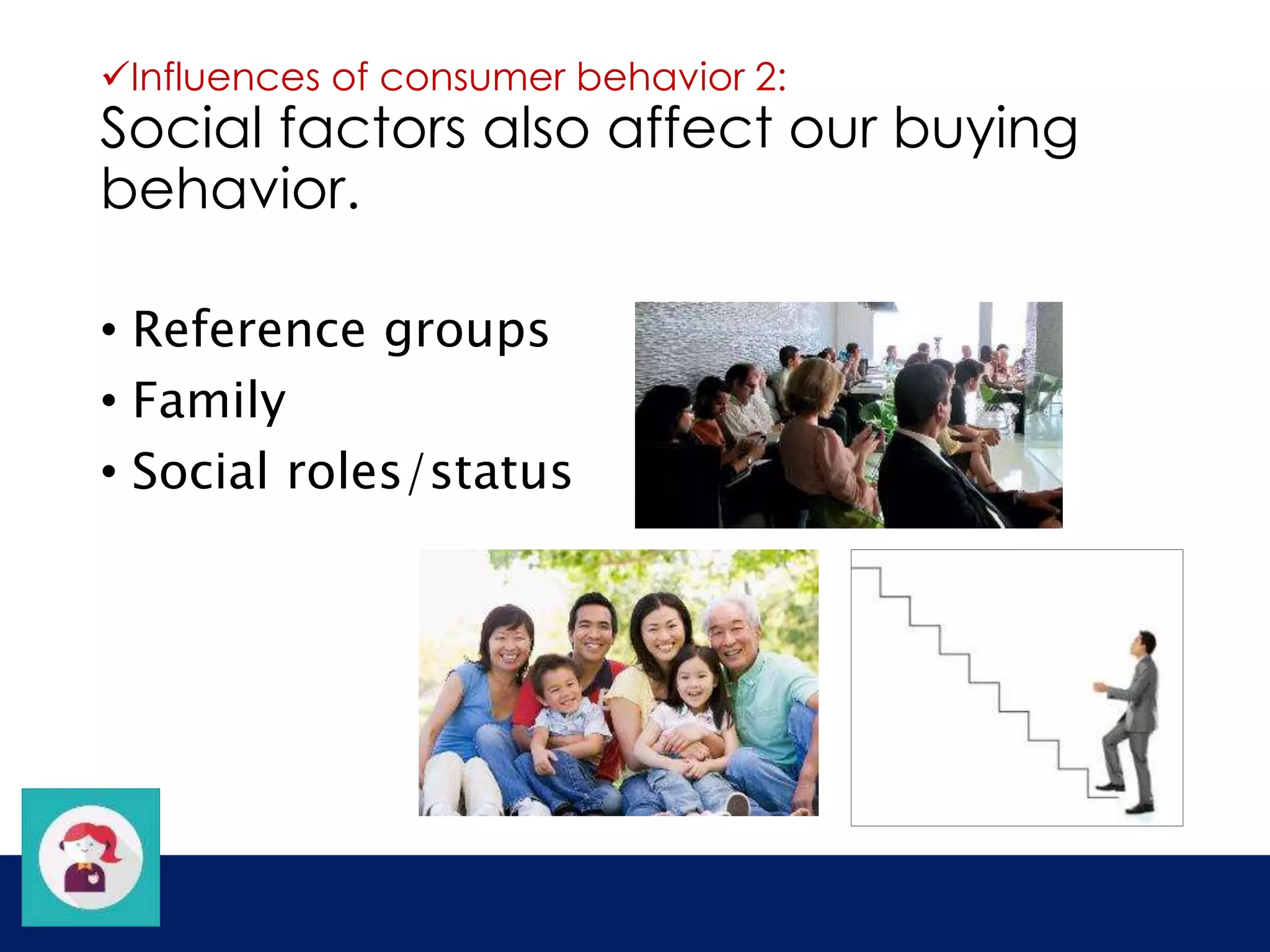Influences of consumer behavior 2: 
Social factors also affect our buying 
behavior. 
• Reference groups 
• Family 
• Social roles/status 
 