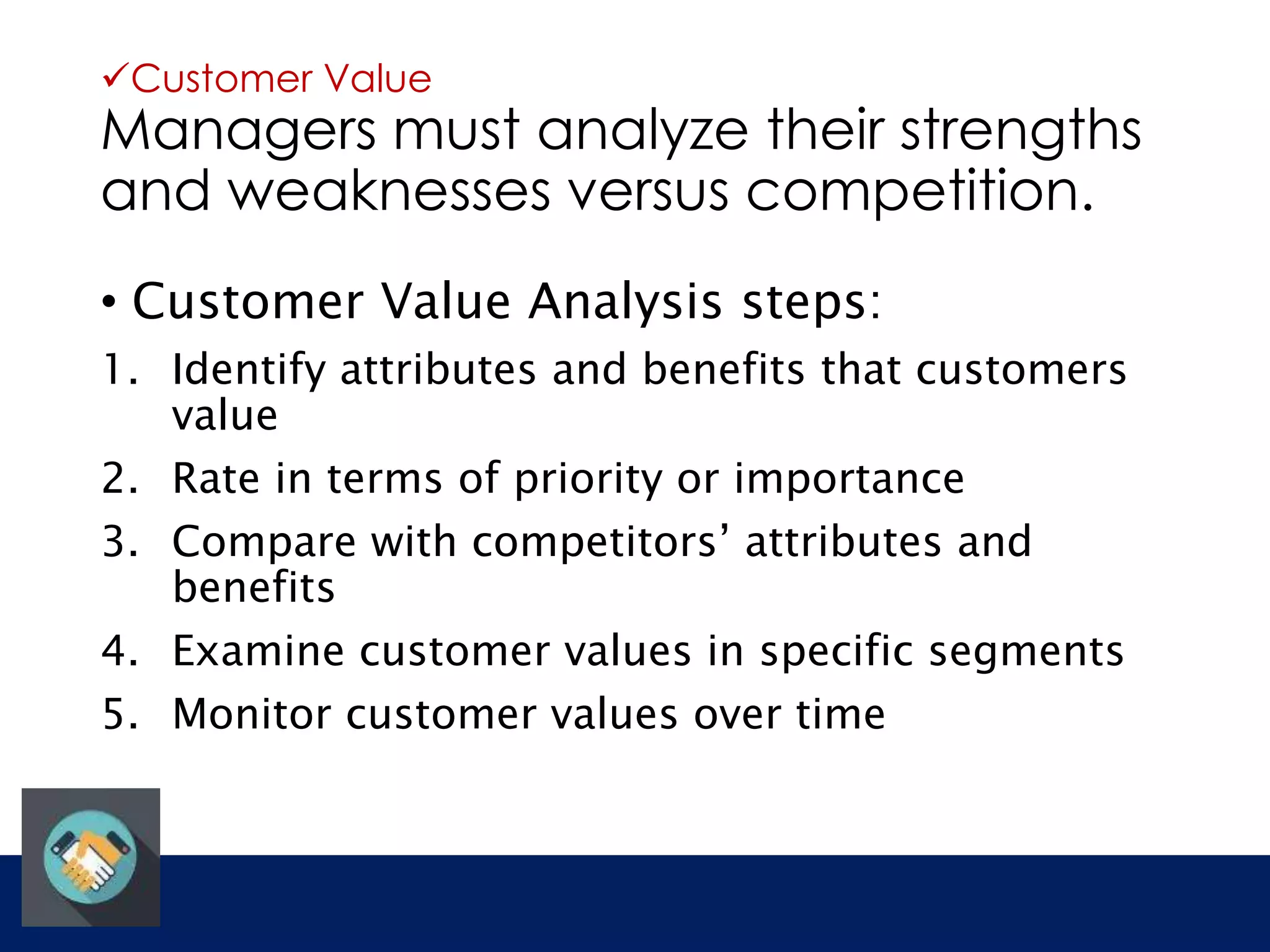 Customer Value 
Managers must analyze their strengths 
and weaknesses versus competition. 
• Customer Value Analysis steps: 
1. Identify attributes and benefits that customers 
value 
2. Rate in terms of priority or importance 
3. Compare with competitors’ attributes and 
benefits 
4. Examine customer values in specific segments 
5. Monitor customer values over time 
 