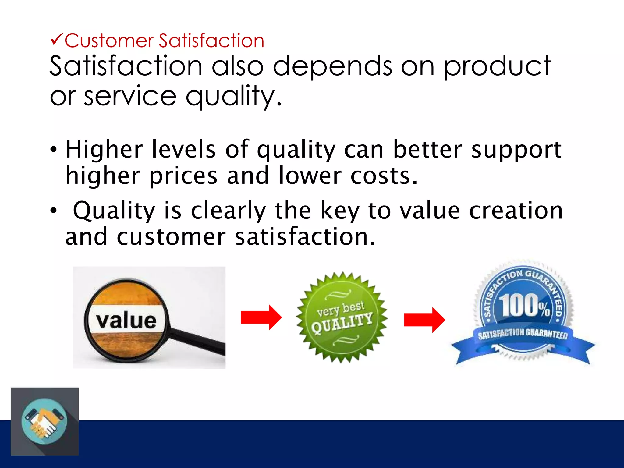 Customer Satisfaction 
Satisfaction also depends on product 
or service quality. 
• Higher levels of quality can better support 
higher prices and lower costs. 
• Quality is clearly the key to value creation 
and customer satisfaction. 
 