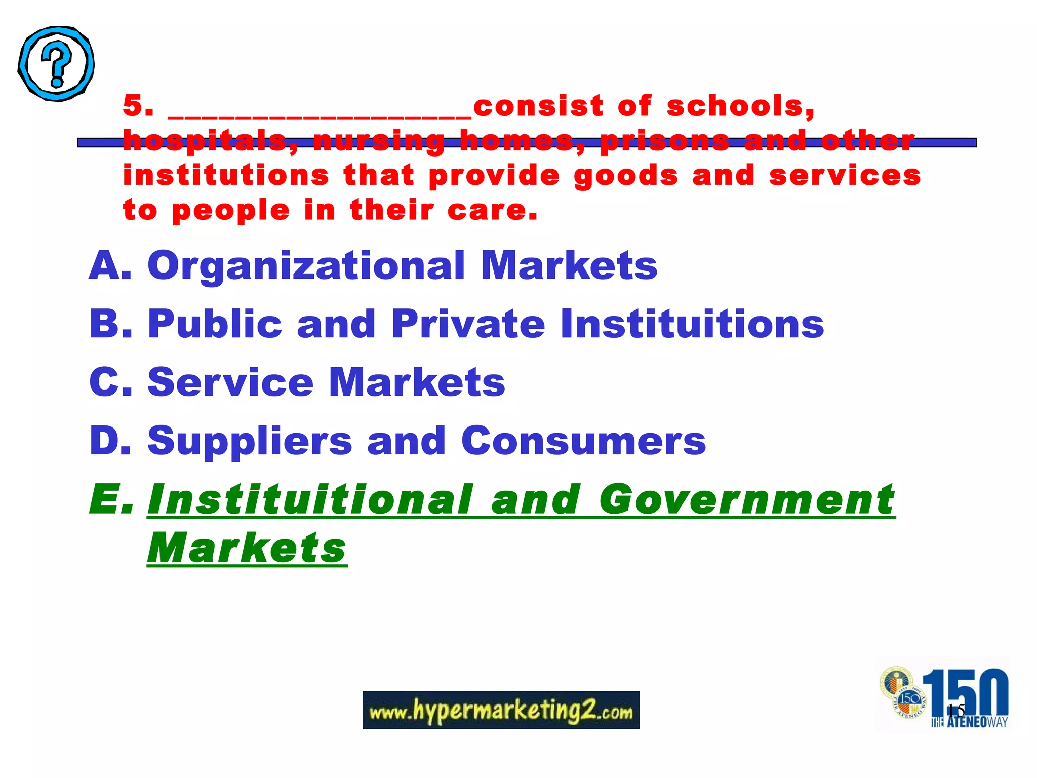 5. __________________consist of schools, hospitals, nursing homes, prisons and other institutions that provide goods and services to people in their care. Organizational Markets Public and Private Instituitions Service Markets Suppliers and Consumers Instituitional and Government Markets 