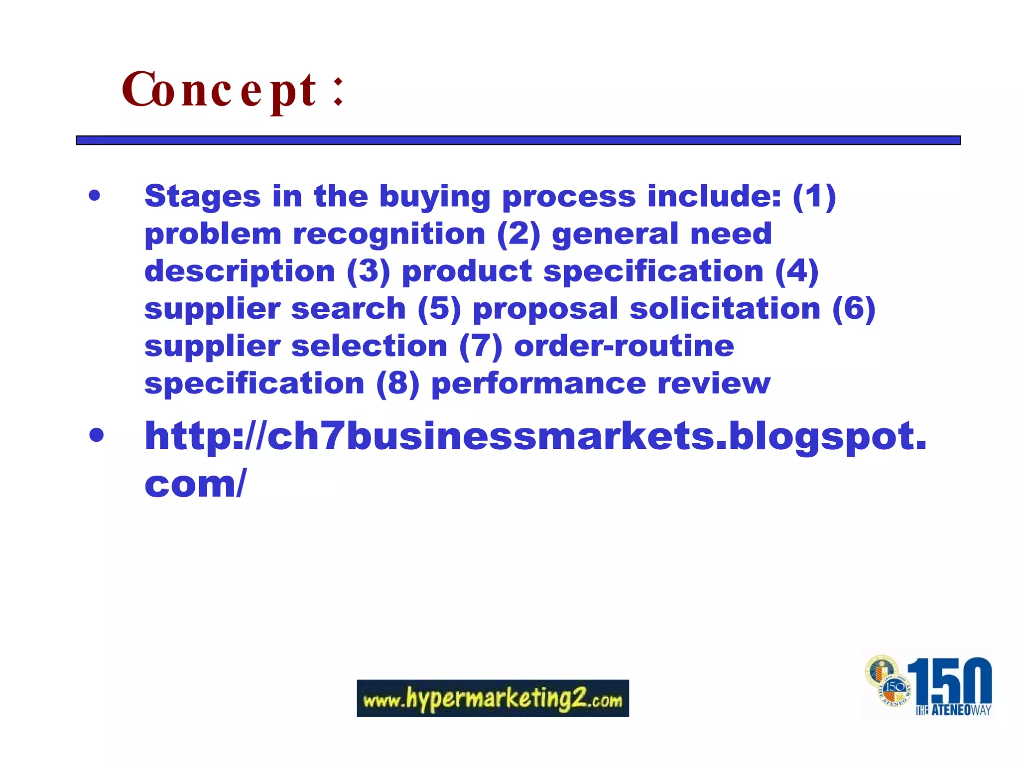 Concept: Stages in the buying process include: (1) problem recognition (2) general need description (3) product specification (4) supplier search (5) proposal solicitation (6) supplier selection (7) order-routine specification (8) performance review http://ch7businessmarkets.blogspot.com/ 