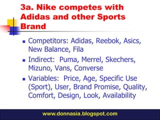 3a. Nike competes with
Adidas and other Sports
Brand
   Competitors: Adidas, Reebok, Asics,
    New Balance, Fila
   Indirect: Puma, Merrel, Skechers,
    Mizuno, Vans, Converse
   Variables: Price, Age, Specific Use
    (Sport), User, Brand Promise, Quality,
    Comfort, Design, Look, Availability

        www.donnasia.blogspot.com
 