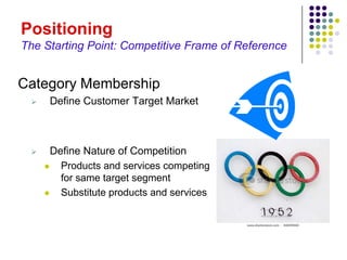 Positioning
The Starting Point: Competitive Frame of Reference


Category Membership
     Define Customer Target Market



      Define Nature of Competition
        Products and services competing
         for same target segment
        Substitute products and services
 