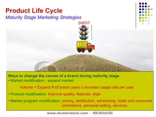 Product Life Cycle
Maturity Stage Marketing Strategies
                                           SWOT




 Ways to change the course of a brand during maturity stage
 • Market modification - expand market:
        Volume = Expand # of brand users x increase usage rate per user
 • Product modification: Improve quality, features, style
 • Market program modification: pricing, distribution, advertising, trade and consumer
                                promotions, personal selling, services
 