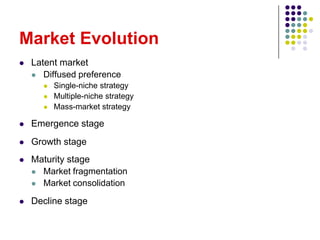 Market Evolution
   Latent market
     Diffused preference
         Single-niche strategy
         Multiple-niche strategy
         Mass-market strategy

   Emergence stage
   Growth stage
   Maturity stage
     Market fragmentation
     Market consolidation

   Decline stage
 