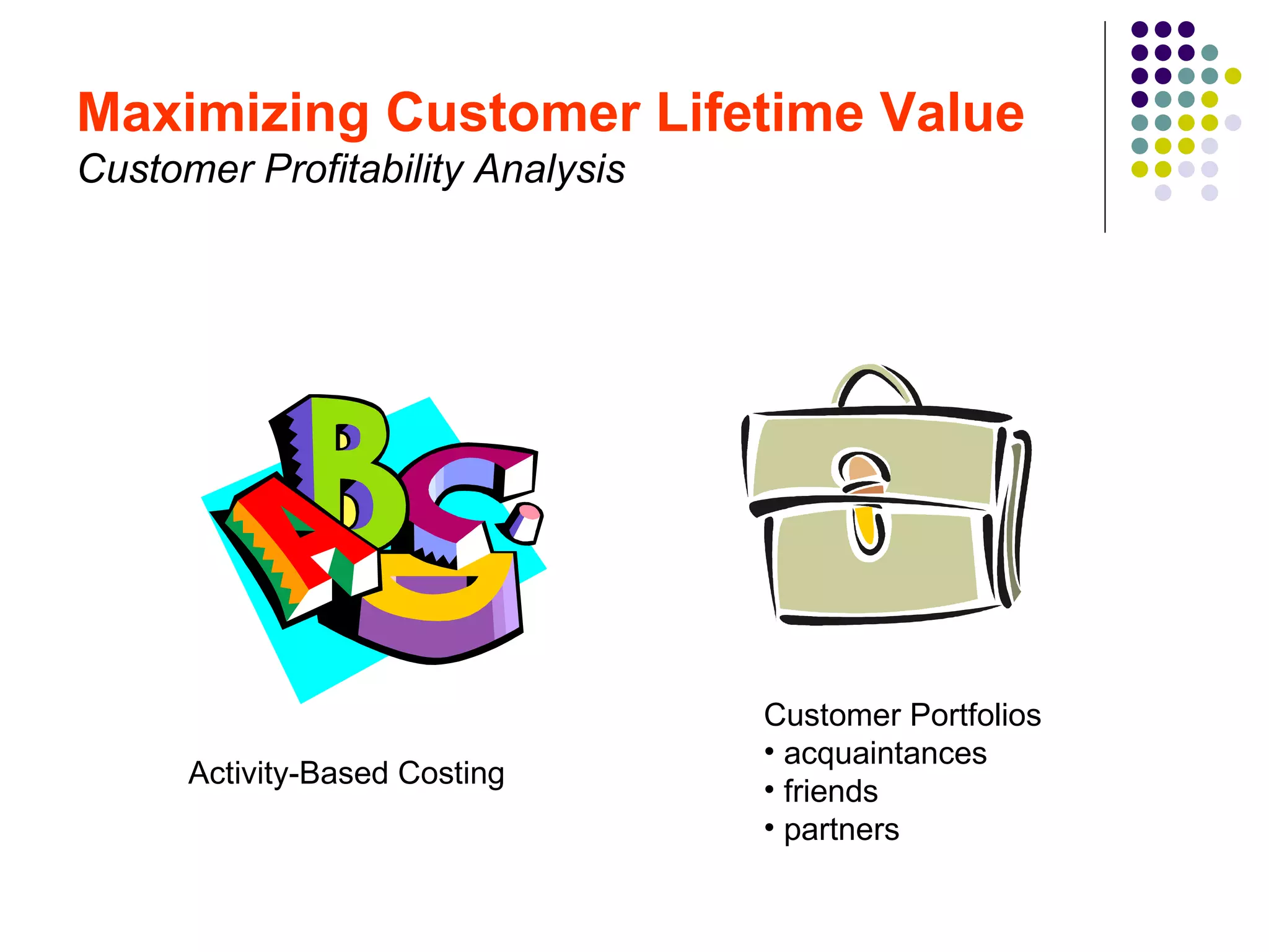 Maximizing Customer Lifetime Value
Customer Profitability Analysis




                                  Customer Portfolios
                                  • acquaintances
      Activity-Based Costing
                                  • friends
                                  • partners
 