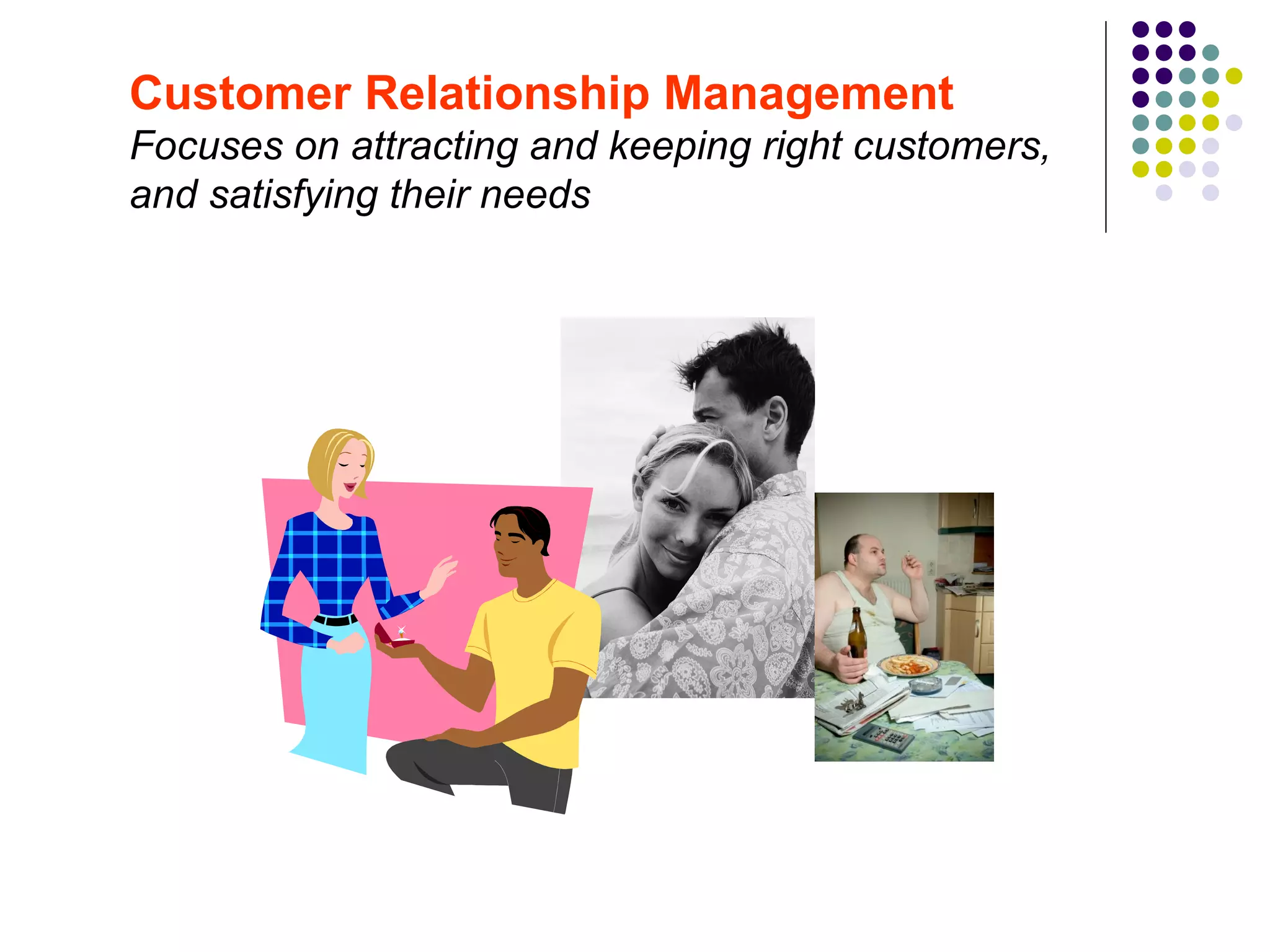 Customer Relationship Management
Focuses on attracting and keeping right customers,
and satisfying their needs
 