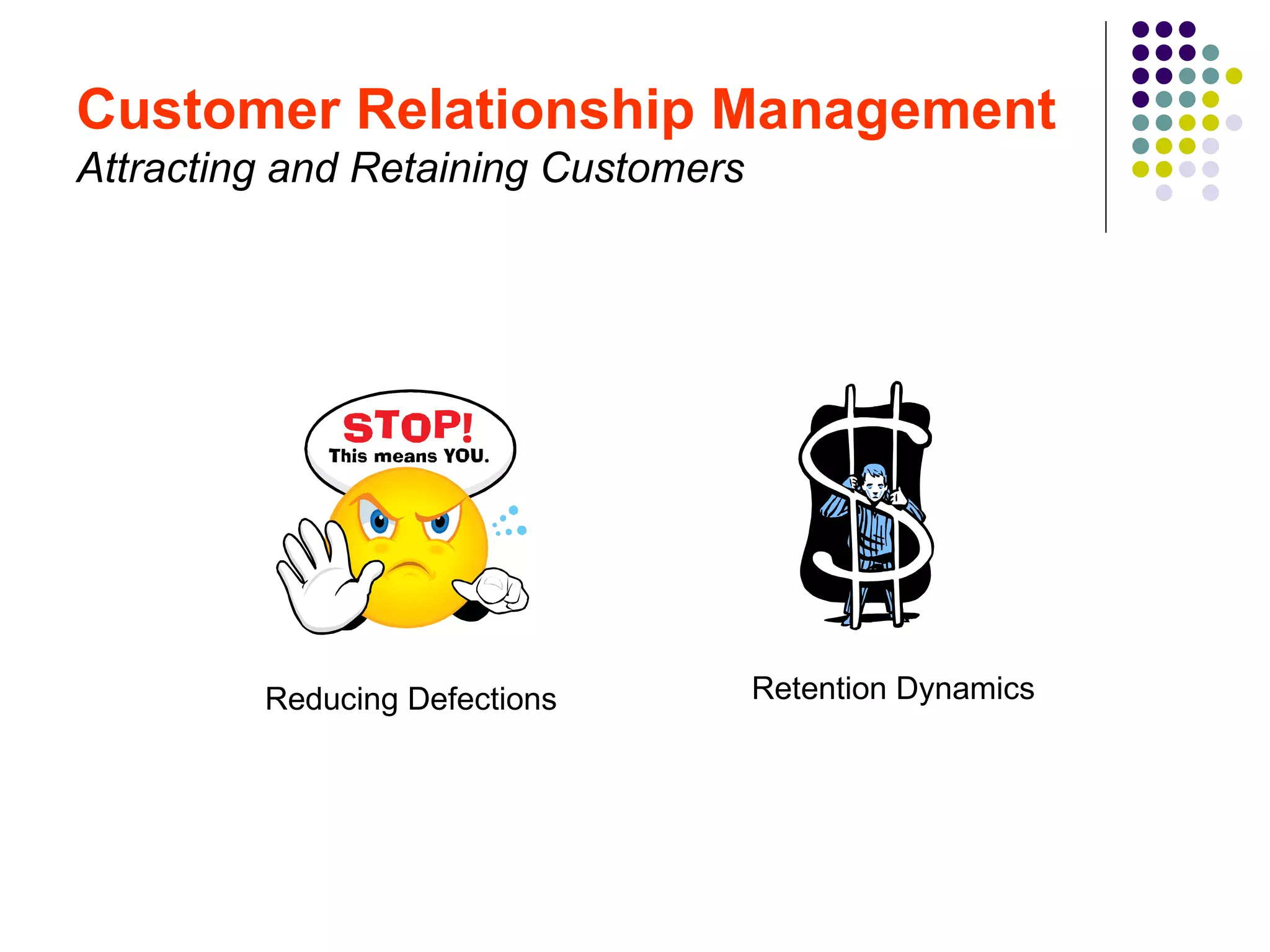 Customer Relationship Management
Attracting and Retaining Customers




         Reducing Defections         Retention Dynamics
 