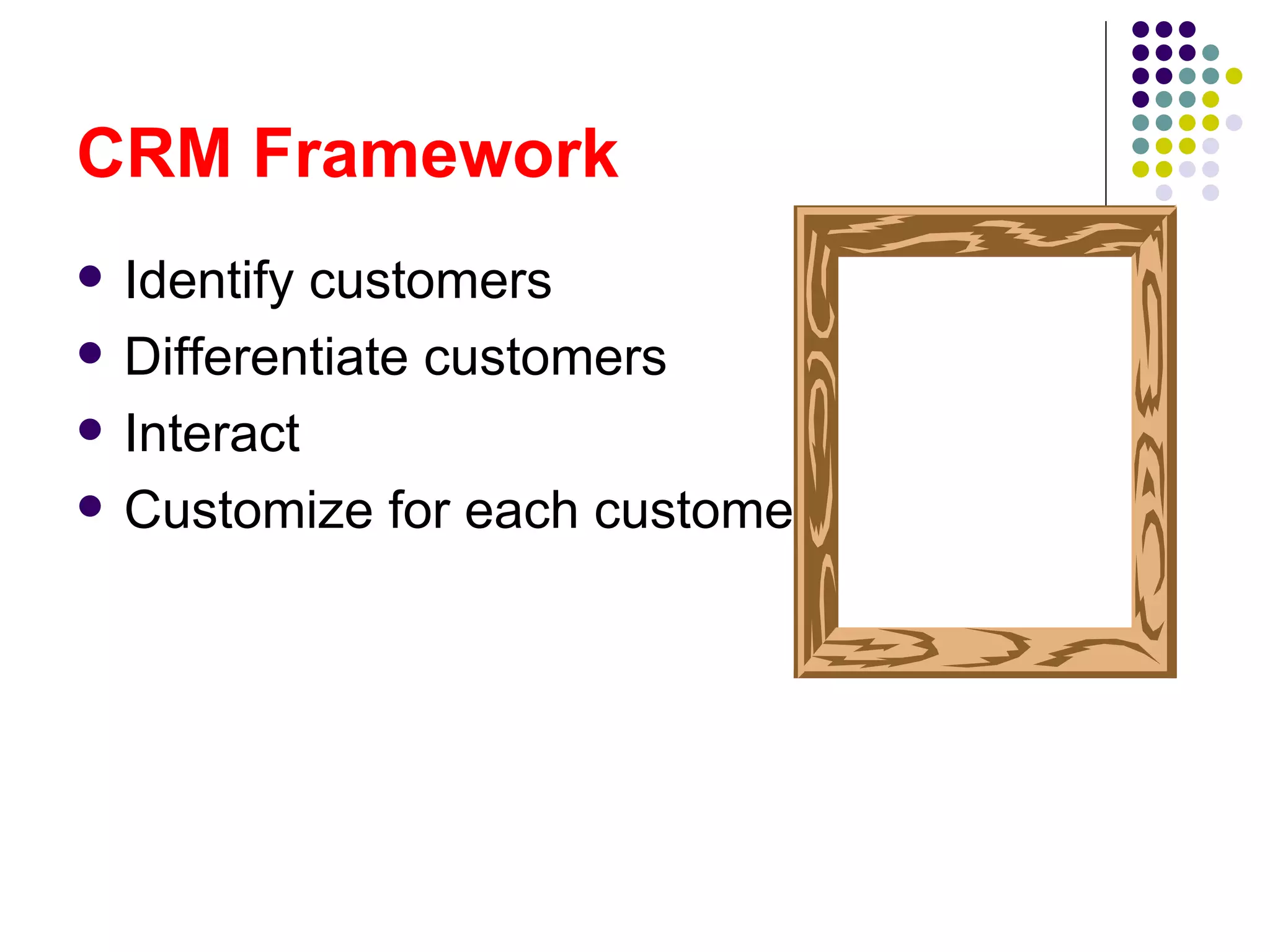 CRM Framework
   Identify customers
   Differentiate customers
   Interact
   Customize for each customer
 