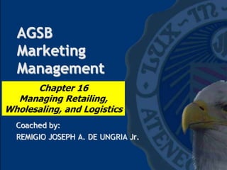 www. facebook.com/v65ASMPHMarkma
Prof. Remigio Joseph De Ungria
Chapter 16
Managing Retailing,
Wholesaling, and Logistics
 