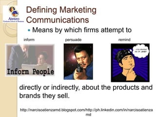 Defining Marketing CommunicationsMeans by which firms attempt to remind consumers informpersuadedirectly or indirectly, about the products and brands they sell.