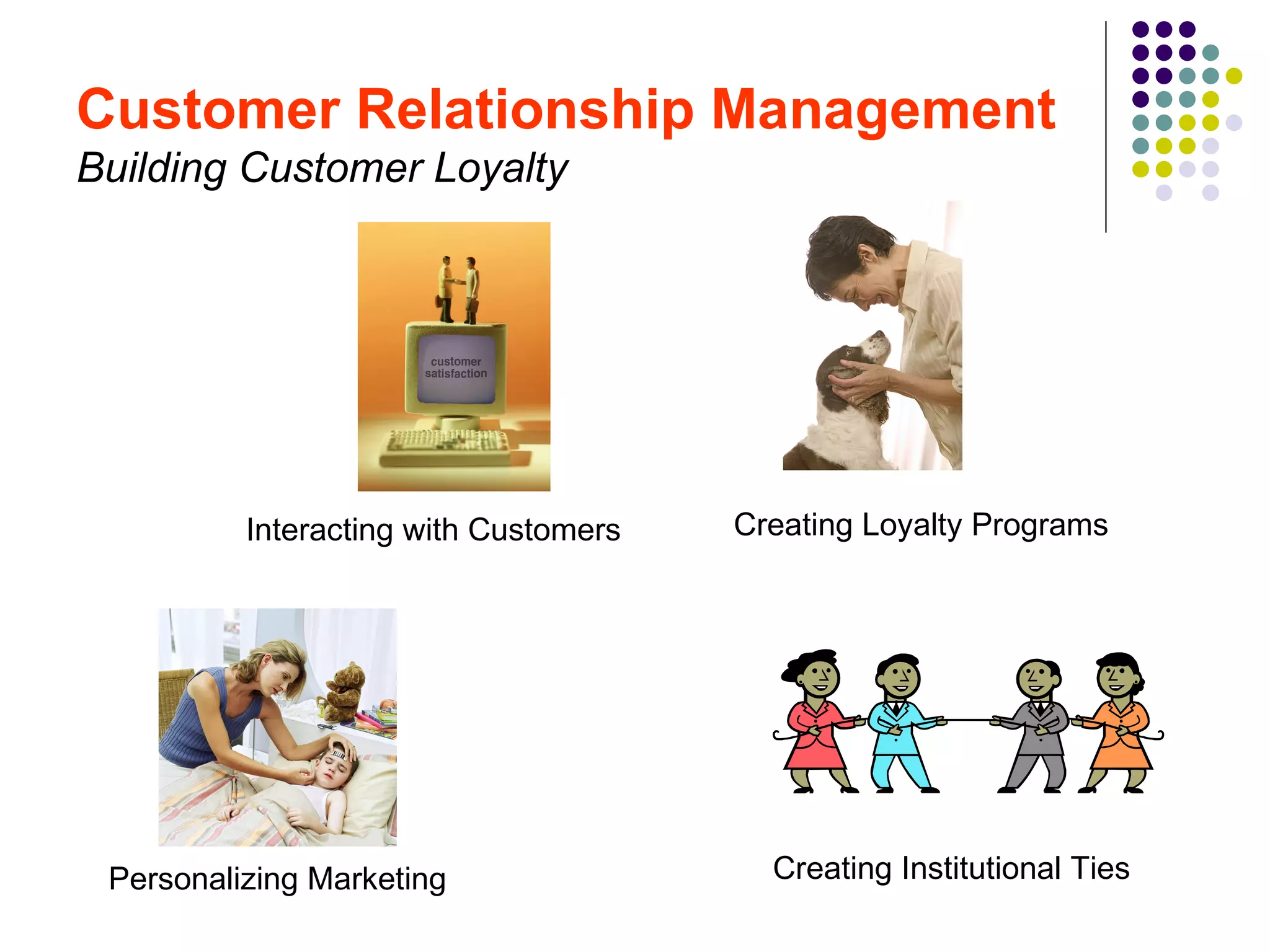 Customer Relationship Management
Building Customer Loyalty




          Interacting with Customers   Creating Loyalty Programs




 Personalizing Marketing                 Creating Institutional Ties
 