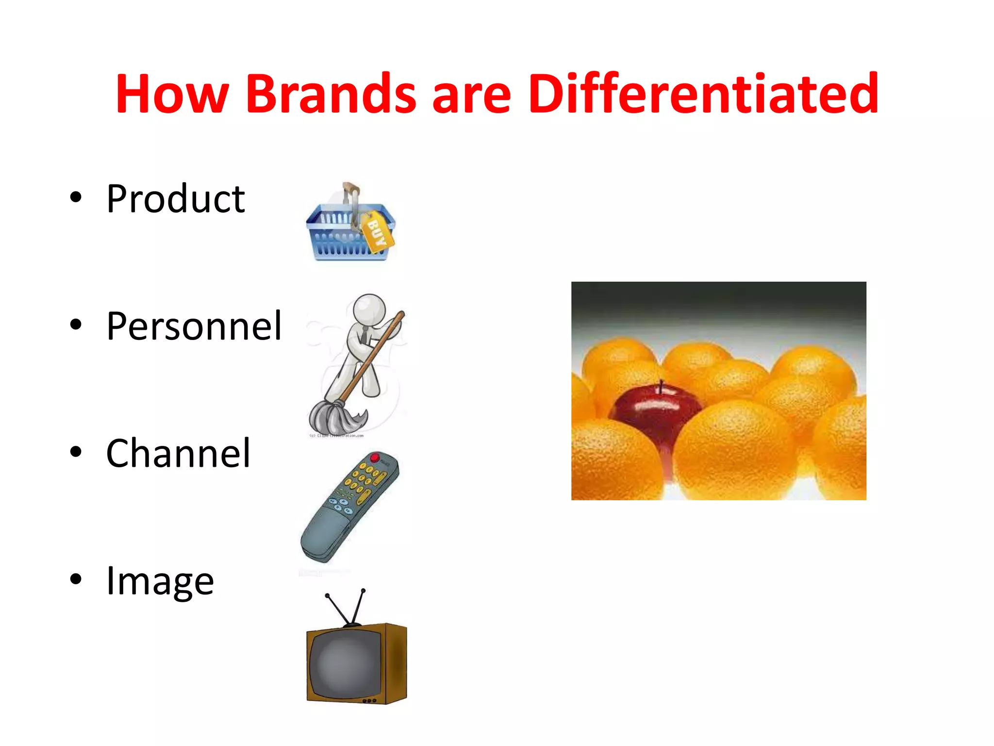 How Brands are Differentiated
• Product

• Personnel

• Channel

• Image
 