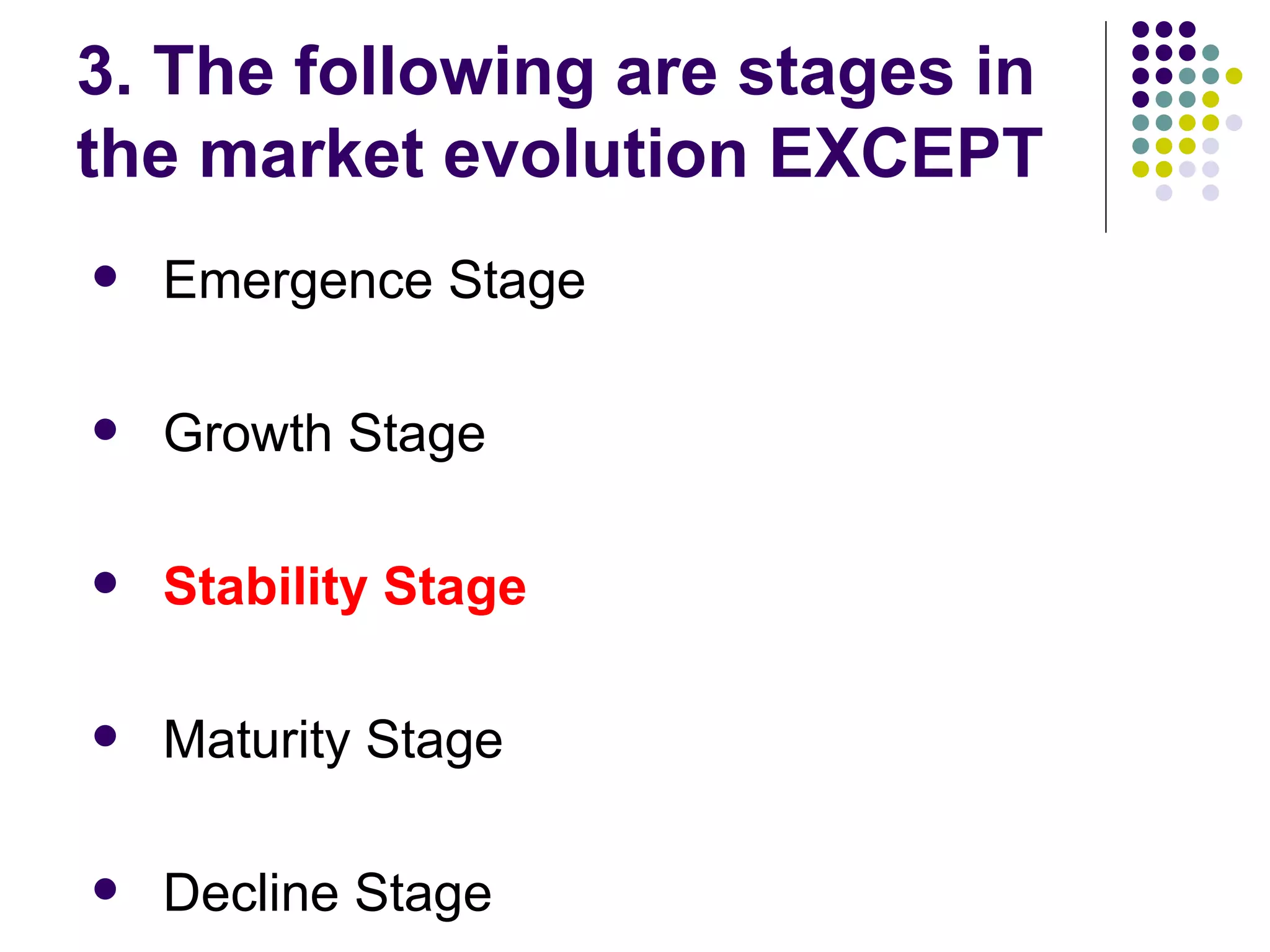 3. The following are stages in
the market evolution EXCEPT
   Emergence Stage

   Growth Stage

   Stability Stage

   Maturity Stage

   Decline Stage
 