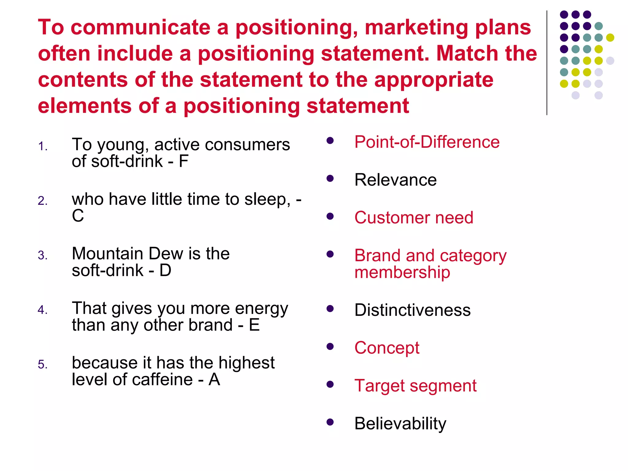 To communicate a positioning, marketing plans
often include a positioning statement. Match the
contents of the statement to the appropriate
elements of a positioning statement
1.   To young, active consumers            Point-of-Difference
     of soft-drink - F
                                           Relevance
2.   who have little time to sleep, -
     C                                     Customer need

3.   Mountain Dew is the                   Brand and category
     soft-drink - D                         membership

4.   That gives you more energy            Distinctiveness
     than any other brand - E
                                           Concept
5.   because it has the highest
     level of caffeine - A                 Target segment

                                           Believability
 