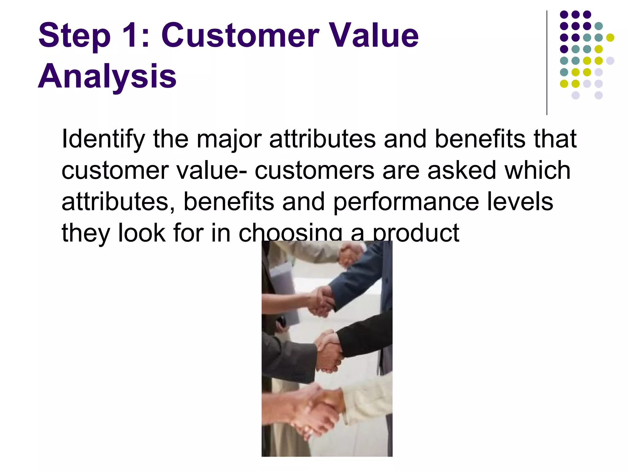 Step 1: Customer Value
Analysis
 Identify the major attributes and benefits that
 customer value- customers are asked which
 attributes, benefits and performance levels
 they look for in choosing a product
 
