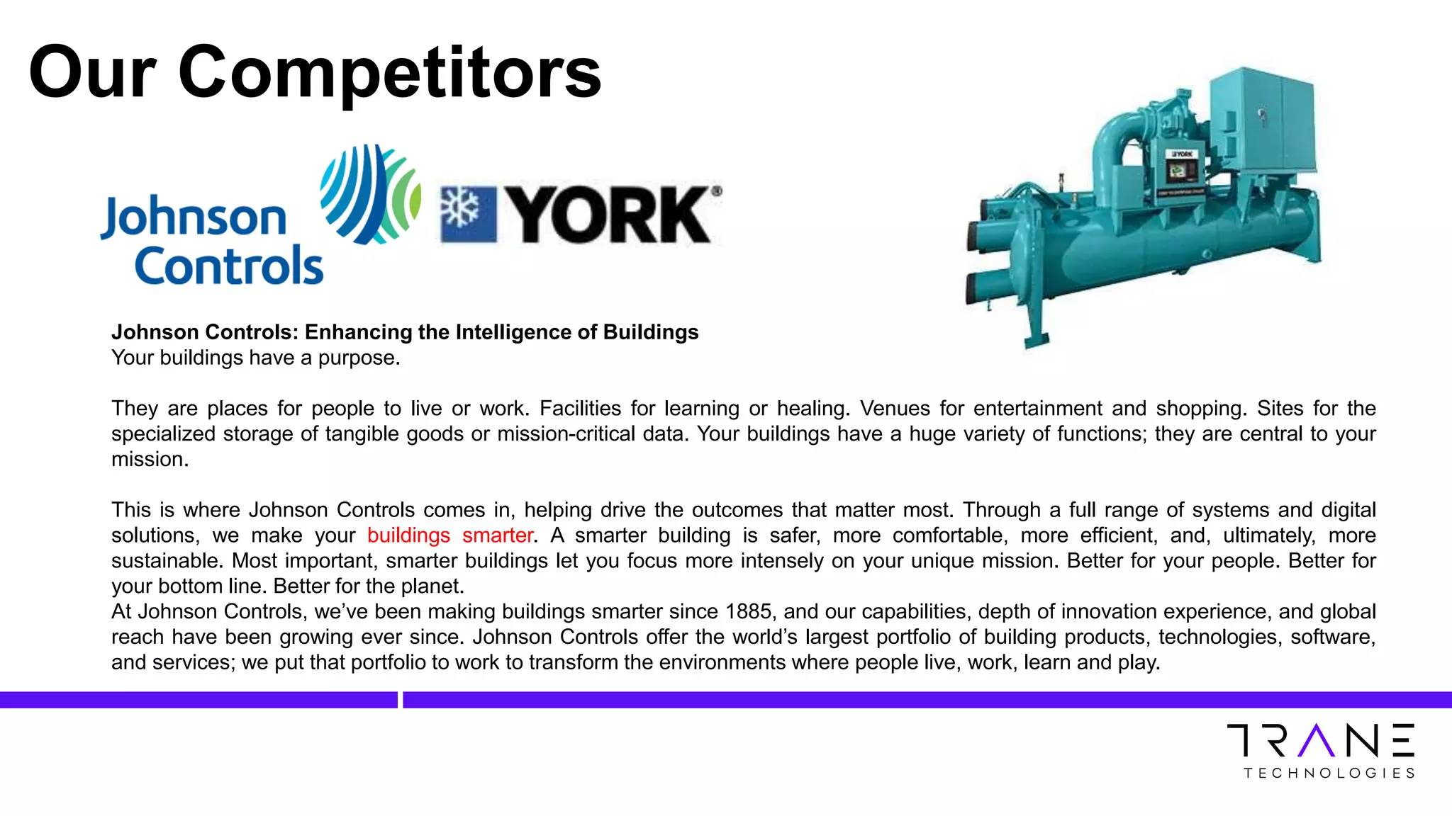 Our Competitors
Johnson Controls: Enhancing the Intelligence of Buildings
Your buildings have a purpose.
They are places for people to live or work. Facilities for learning or healing. Venues for entertainment and shopping. Sites for the
specialized storage of tangible goods or mission-critical data. Your buildings have a huge variety of functions; they are central to your
mission.
This is where Johnson Controls comes in, helping drive the outcomes that matter most. Through a full range of systems and digital
solutions, we make your buildings smarter. A smarter building is safer, more comfortable, more efficient, and, ultimately, more
sustainable. Most important, smarter buildings let you focus more intensely on your unique mission. Better for your people. Better for
your bottom line. Better for the planet.
At Johnson Controls, we’ve been making buildings smarter since 1885, and our capabilities, depth of innovation experience, and global
reach have been growing ever since. Johnson Controls offer the world’s largest portfolio of building products, technologies, software,
and services; we put that portfolio to work to transform the environments where people live, work, learn and play.
 