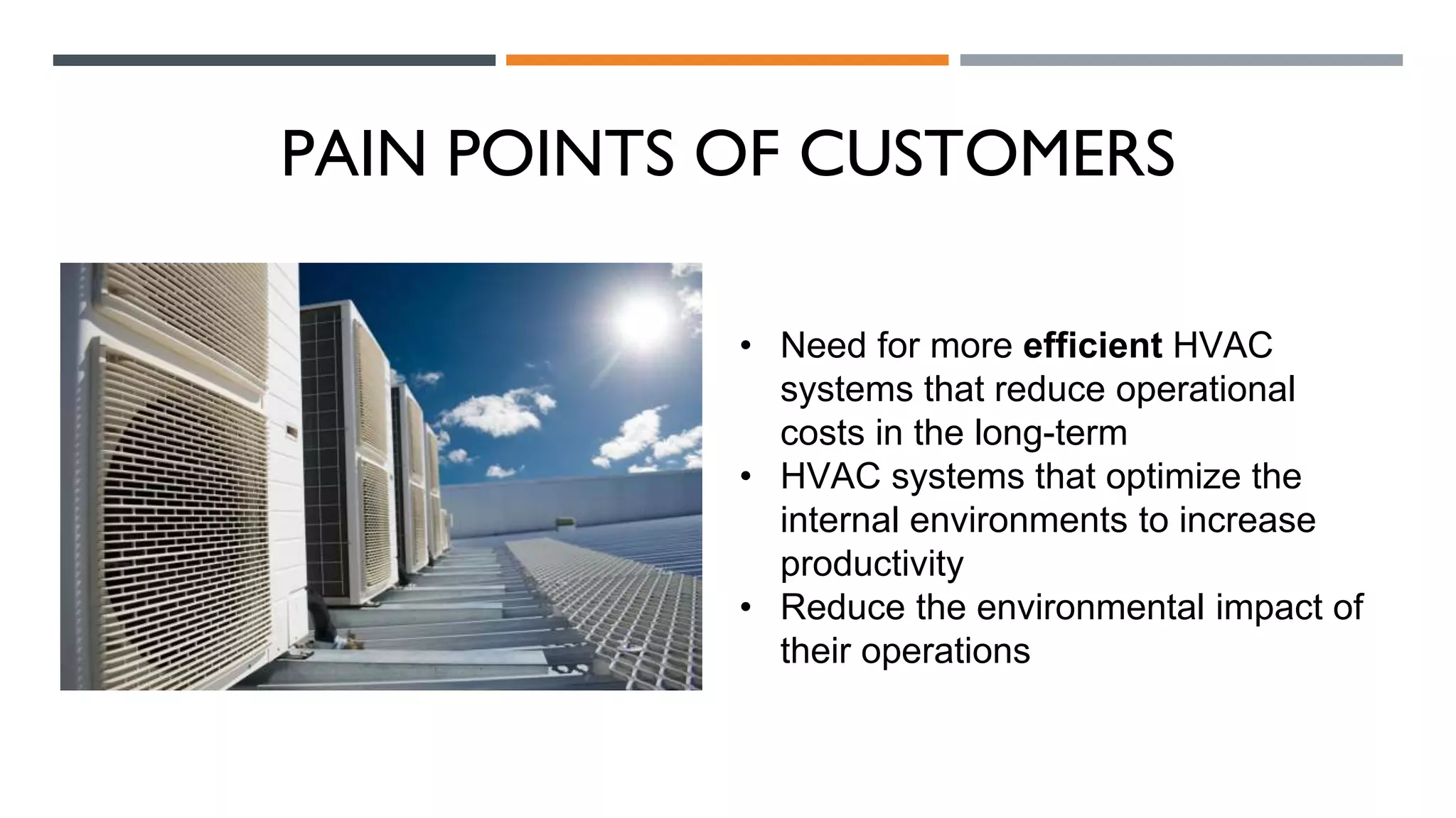 PAIN POINTS OF CUSTOMERS
• Need for more efficient HVAC
systems that reduce operational
costs in the long-term
• HVAC systems that optimize the
internal environments to increase
productivity
• Reduce the environmental impact of
their operations
 