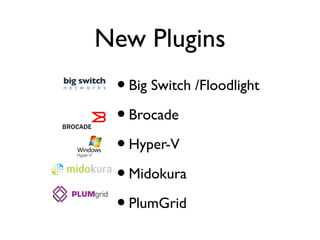 New Plugins
•Big Switch /Floodlight
•Brocade
•Hyper-V
•Midokura
•PlumGrid
 