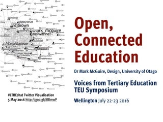 Open,
Connected
Education
Dr Mark McGuire, Design, University of Otago
Voices from Tertiary Education
TEU Symposium
Wellington July 22-23 2016
#LTHEchat Twitter Visualisation
5 May 2016 http://goo.gl/KRlmwP
 