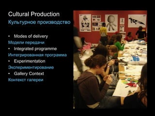 Cultural Production Культурное производство Modes of delivery Модели передачи Integrated programme Интегрированная программа Experimentation Экспериментирование Gallery Context Контекст галереи  